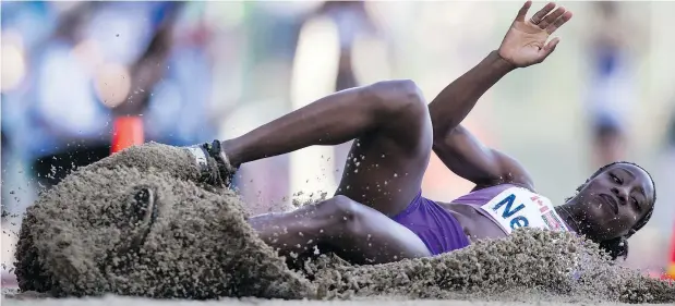  ??  ?? Christabel Nettey of Surrey finished first in the women’s long jump event at the Harry Jerome track meet in Burnaby Tuesday. — THE CANADIAN PRESS