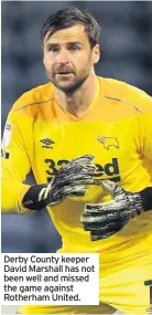  ??  ?? Derby County keeper David Marshall has not been well and missed the game against Rotherham United.