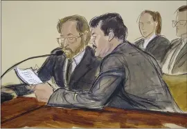  ?? ELIZABETH WILLIAMS VIA THE ASSOCIATED PRESS ?? In this courtroom sketch, Joaquín “El Chapo” Guzmán, foreground right, reads a statement through an interprete­r during his sentencing in federal court Wednesday in New York. The Mexican drug lord, who was convicted in February on multiple conspiracy counts in a drug-traffickin­g case, was sentenced to life behind bars in a U.S. prison.