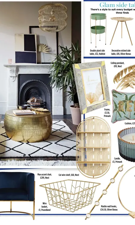  ??  ?? Mae accent chair, £299, Next
Wire basket, £1, Poundland
Cut wire shelf, £60, Next
Candle, £3, Primark
Marble wall hooks, £34.50, Oliver Bonas