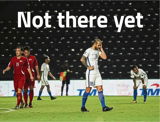  ??  ?? Not again: Kiko Insa (second from right) looking dejected after Malaysia conceded a goal against North Korea in their Asian Cup qualifying Group B match at the I-Mobile Stadium in Buriram, Thailand. on Monday. — NAIM MAHAMUD/www.asiana.my