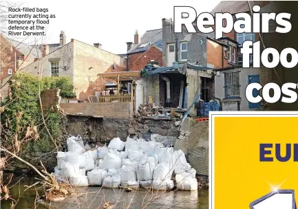  ?? ?? Rock-filled bags currently acting as temporary flood defence at the River Derwent.