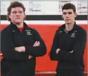  ?? Photo by John Sullivan ?? Poteau wrestling seniors Will Restine, left, and Kody Coyle, right, during Senior Night.