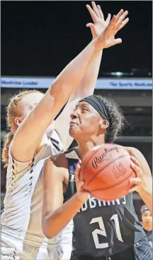  ?? [BARBARA J. PERENIC/DISPATCH] ?? Maliyah Johnson of Africentri­c is closely guarded by Kadie Hempfling of Ottawa-Glandorf during the Nubians’ Division III state semifinal win.