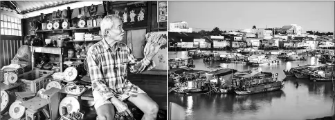  ??  ?? (Left) Weighing scales repairman Nguyen Van Ut sits inside his house boat. • (Right) Boats lie anchored in a canal off the Song Hau river in the floating Cai Rang market.