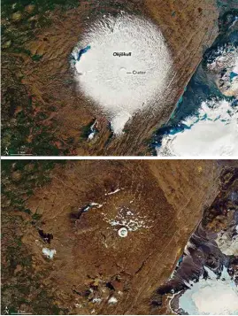  ?? (AFP) ?? Image de la NASA montrant l’Okjökull le 7 septembre 1986 (en haut) et le 9 août 2019 (en bas).