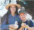  ??  ?? DUCKING IN: KUR-Cow farm attendant Olivia Butler and Ben Wheeler, 7, with farm friends.