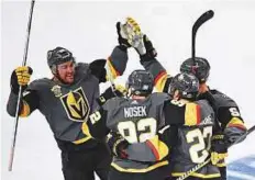  ?? USA Today Sports ?? Vegas Golden Knights left wing Tomas Nosek (92) celebrates with teammates after scoring in game one of the first round of the Stanley Cup play-offs against the Los Angeles Kings.