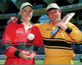  ??  ?? Trevor Chappell and Brian McKechnie get together for a charity match at the Basin Reserve.