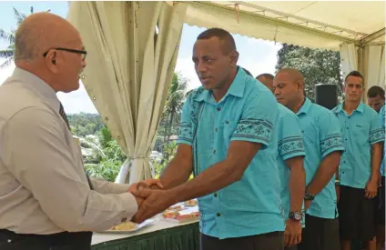  ??  ?? President Major General (Ret’d) Jioji Konrote (left) meets Vodafone Vanua XVs captain Taniela Liwa at Borron House, Suva on October 29, 2018. Photo: Simione Haravanua