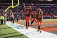  ?? TIM PHILLIS — FOR THE NEWS-HERALD ?? Jarvis Landry (80) and Rashard Higgins (81) celebrate during the Browns’ victory over the Falcons on Nov. 11.