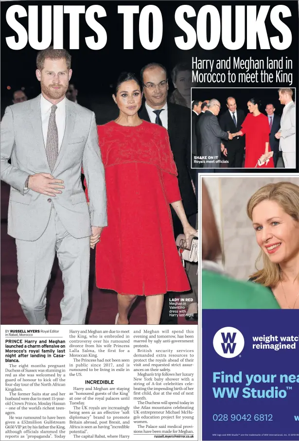  ??  ?? SHAKE ON IT Royals meet officials LADY IN RED Meghan in Valentino dress with Harry last night