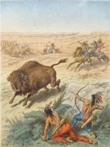  ??  ?? Frédéric Theodore Lix (1830-1897), Indiens des Prairies Chassant le Bison, 1892, chromolith­ograph.