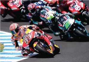  ?? JORGE GUERRERO/AFP ?? TUNGGU BULAN DEPAN: Pembalap Honda Marc Marquez ketika berlaga di GP Spanyol tahun lalu (5/5/2019). Sirkuit Jerez akan menjadi venue pembuka MotoGP 2020.