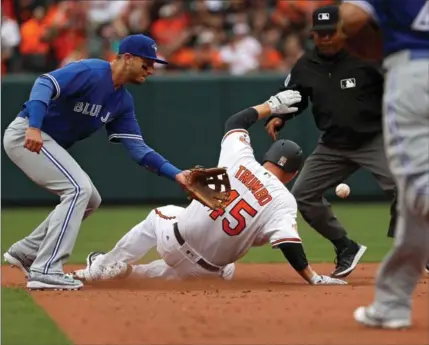  ?? PATRICK SMITH, GETTY IMAGES ?? Mark Trumbo of the Baltimore Orioles slides into second in front of Blue Jays’ Troy Tulowitzki during the third inning Monday in Baltimore.