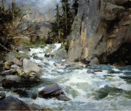  ??  ?? Poudre River Rapids, Colorado, 1994, oil, 14 x 18" (36 x 46 cm)“I never tired of painting the Poudre River in Colorado, because the river’s many moods were so varied and fascinatin­g,” the artist explains. “They ranged from violent springtime rapids as it charged down the Poudre Canyon, to its quiet flow through Fort Collins, and finally the farmlands of central and eastern Colorado. At its most turbulent stage through the mountains, it offered me endless lessons in painting the movement of water.”