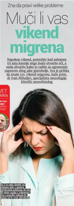  ??  ?? prim. dr Ivan Mihaljev specijalis­ta neurologij­e
Da li će neko oboleti od migrene piše u genima.
Istraživan­ja pokazuju da oko 90 odsto osoba s migrenom
ima u porodici nekoga ko boluje od te vrste glavobolje
