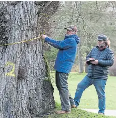  ?? Picture: PA ?? Shipwright Dominic Mills, right, and timber specialist Will Bullough on Haddo Estate.