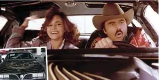  ??  ?? Smash hit: Sally Field and Burt Reynolds in Smokey And The Bandit. Inset, one of the Pontiac Firebirds