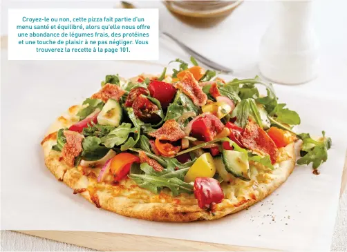  ??  ?? Croyez-le ou non, cette pizza fait partie d’un menu santé et équilibré, alors qu’elle nous offre une abondance de légumes frais, des protéines et une touche de plaisir à ne pas négliger. Vous trouverez la recette à la page 101.