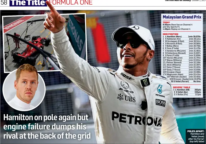  ??  ?? POLES APART: Hamilton and Vettel (inset) after his Ferrari (top left) failed