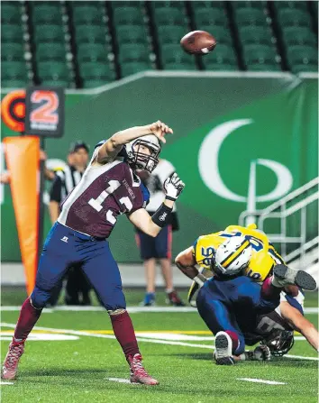  ?? BRANDON HARDER ?? Brock Sich, shown quarterbac­king the Regina Thunder to victory over the visiting Calgary Colts in 2017, says “my main goal is just to win a championsh­ip. That’s what we’ve always been striving for.”