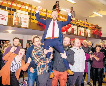  ?? Photo / Wairarapa Times ?? Kieran McAnulty’s victory celebratio­ns in Masterton.