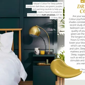  ?? ?? Valspar’s Colour For Sleep palette combines dark blues, sea greens, purples and warming neutrals to help you create a haven to unwind in. Ethereal Dance matt emulsion, £31 for 2.5 litres, B&Q
Citrus Zing matt emulsion, £30.04 per 2.5L, Dulux