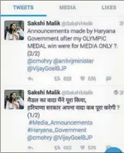  ??  ?? A screenshot of tweets posted by Olympian medallist Sakshi Malik on Saturday.