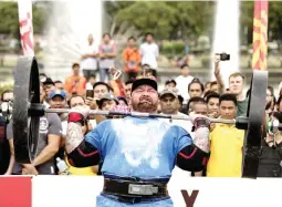  ?? (AFP/Noel Celis) ?? BIG LIFT – Hafthor Bjornsson of Iceland, also known as 'The Mountain,' lifts weights during the Max Overhead event of the 2018 World’s Strongest Man in Manila Saturday.