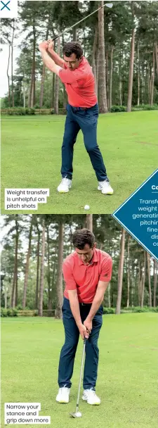  ??  ?? Weight transfer is unhelpful on pitch shots
Narrow your stance and grip down more