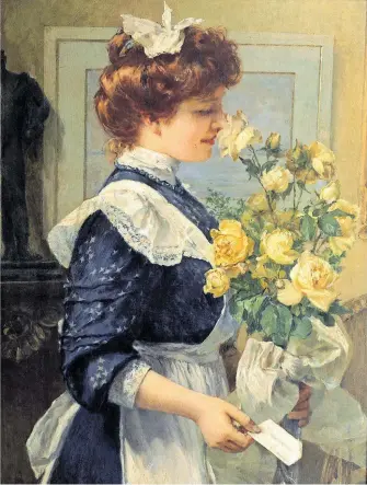  ?? [ De Agostini via Getty Images ] ?? Was für ein Duft! „Zum Namenstag“hat sie die Rosen bekommen (Edoardo Tofano, 1909).