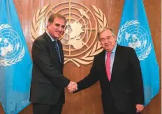  ?? Online ?? Foreign Minister Shah Mahmoud Quraishi with United Nations Secretary-General Antonio Guterres ahead of their meeting in New York.