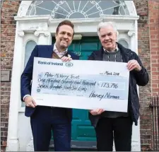  ??  ?? Harvey Norman CEO, Blaine Callard, presenting the first cheque to Fr. Peter McVerry in 2018.