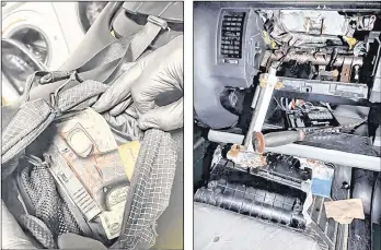  ?? Middle District of Florida ?? At left, a firearm and money were found in a pouch in the Casselberr­y, Fla., home of Monicsabel Romero Soto and Giovany Joel Crespo Hernandez, federal agents say. At right, a trap space was found inside the Toyota found in the home’s driveway, agents say. Investigat­ors believe the couple may be connected to the deadly carjacking of 31-year-old Katherine Altagracia Guerrero De Aguasvivas, a Homestead woman.