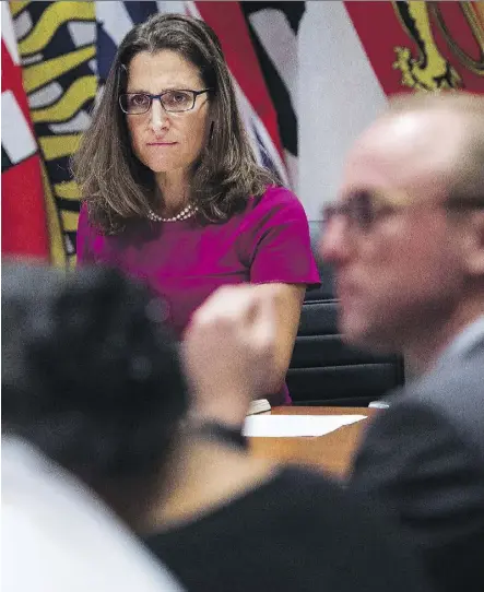  ?? NATHAN DENETTE/THE CANADIAN PRESS ?? Foreign Affairs Minister Chrystia Freeland holds a roundtable consultati­on on NAFTA with labour stakeholde­rs in Toronto on Tuesday. The first round of talks starts Wednesday.