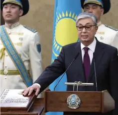  ??  ?? Tokayev takes the oath after he assumed the post of Kazakhstan’s President during a joint session of the houses of parliament in Astana, Kazakhstan. — Reuters photo