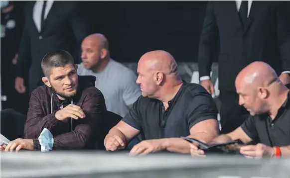  ?? UAE Warriors ?? Khabib Nurmagomed­ov, left, and UFC president Dana White had a discussion in private after attending the UAE Warriors 15 in Abu Dhabi