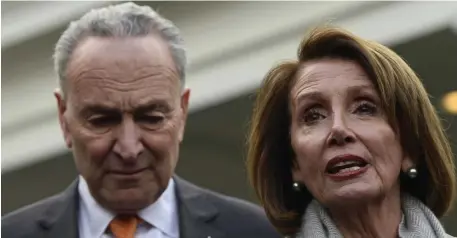  ?? AP ?? NEED TO BARGAIN: Senate Minority Leader Sen. Chuck Schumer (D-N.Y.) and House Speaker Nancy Pelosi (D-Calif.) are unwilling to cut a deal with President Trump over the government shutdown.