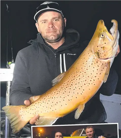  ??  ?? BIG NIGHT: Michael Evans, of Victorian Inland Charters, with the 3.68kg brown trout he caught from Lake Purrumbete on Tuesday evening; and (right) Chris O’Toole and Cash Sunderland with Thursday night’s snapper catch from Corio Bay’s inner harbour.