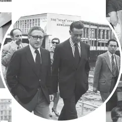  ?? ?? From top left: Henry Kissinger, aged 10, with his arm around his younger brother Walter; with his wife, Nancy May, in 1983; with president Richard Nixon and then vice-presidenti­al nominee Gerald Ford in 1973; with president Gerald Ford in 1974; with president Ronald Reagan in 1981; and (above) with United States consul general David Osborn near the Star Ferry during a trip to Hong Kong in 1973.