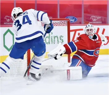  ?? PHOTO MARTIN CHEVALIER ?? Auston Matthews n’a pas réussi à déjouer Jake Allen lors d’une échappée à deux contre zéro en compagnie de Mitchell Marner lors de la prolongati­on, hier.