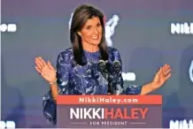  ?? AP PHOTO/STEVEN SENNE ?? Republican presidenti­al candidate and former UN Ambassador Nikki Haley speaks Tuesday at a primary night rally in Concord, N.H.