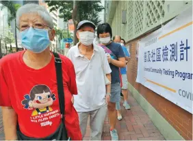  ??  ?? People wearing face masks queue for the coronaviru­s test outside a testing centre in Hong Kong on September 1, 2020.