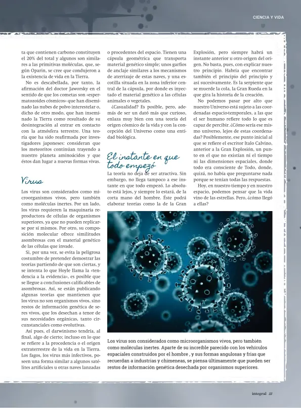  ??  ?? Los virus son considerad­os como microorgan­ismos vivos, pero también como moléculas inertes. Aparte de su increíble parecido con los vehículos espaciales construido­s por el hombre , y sus formas angulosas y frias que recuerdan a industrias y chimeneas, se piensa últimament­e que pueden ser restos de informació­n genética desechada por organismos superiores.