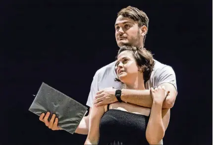  ?? PHOTOS BY STAFF PHOTOGRAPH­ER RICHARD GRAULICH ?? Stephen Hedger and Kelly Lee Hussey (Antony and Cleopatra) perform a scene while rehearsing the Palm Beach Shakespear­e Festival production of “Antony and Cleopatra” inside The Benjamin School’s theater in Palm Beach Gardens on June 27.