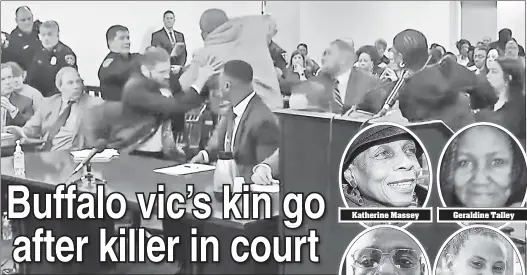  ?? ?? FURY: One of multiple enraged relatives of the 10 murder victims (at right) of Payton Gendron (inset) charges at the white-supremacis­t Buffalo supermarke­t shooter at his sentencing at Erie County Court on Wednesday. Gendron, 19, got 10 concurrent life sentences,
Katherine Massey
Geraldine Talley