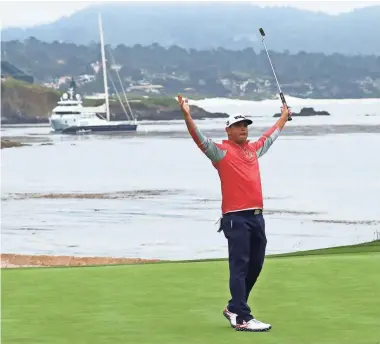  ?? ROB SCHUMACHER/USA TODAY SPORTS ?? Gary Woodland celebrates after making a birdie putt on the 18th green to win the 2019 U.S. Open golf tournament at Pebble Beach Golf Links.