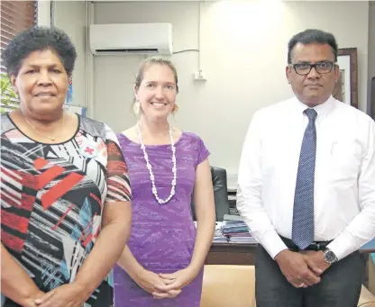  ?? Photo: DEPTFO News. ?? From left: Fiji Red Cross, Director General Elisabeci Rokotunida­u, the outgoing Head of Delegation IFRC Country Cluster Delegation In The Pacific, Kathryn Clarkson and Permanent Secretary, Office of the Prime Minister, Immigratio­n and Sugar Industry and Acting Permanent Secretary for Foreign Affairs, Yogesh Karan.