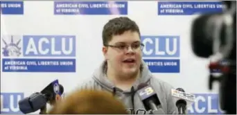  ?? ASSOCIATED PRESS ?? Gloucester County High School senior Gavin Grimm, a transgende­r student, speaks during a news conference in Richmond, Va., on Monday. The U.S. Supreme Court backed out of his high-profile in which he sued to be able to use the boys’ bathroom.